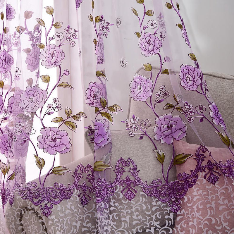 Peony Flower Offset Printing Curtain Yarn Tulle Curtain for Decor(Purple)