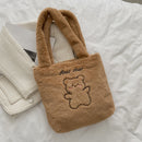 Cute Little Bear Print Large Handbag Women Autumn Winter Soft Plush Shopping Bag
