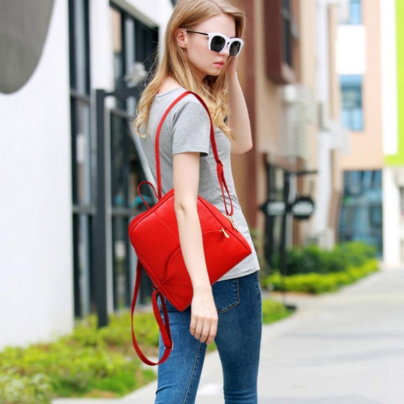 Korean Casual Backpack Women PU Leather Bag Shoulder Bag Girls Handbag(Red)