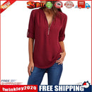 Autumn Zipper Solid Women Tops Long Sleeves Loose T-shirt (Wine Red XL)