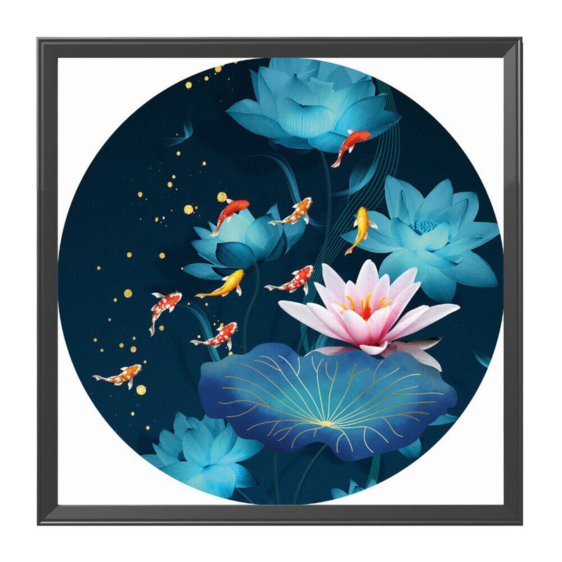 11CT Partial Stamped Embroidery Kit Round Lotus Fish Cross Stitch Needlework DIY