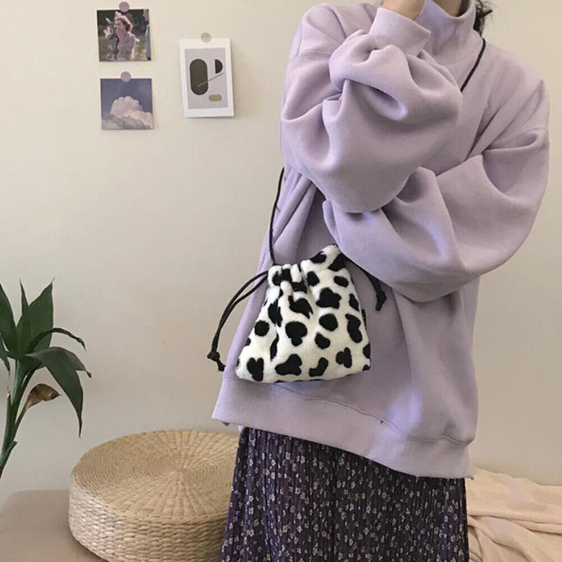 Women Plush Crossbody Bag Cow Milk Print Shoulder Drawstring Mini Handbags