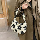 Portable Fluffy Flower Printed Satchel Autumn Women Plush Handbags Underarm Bag