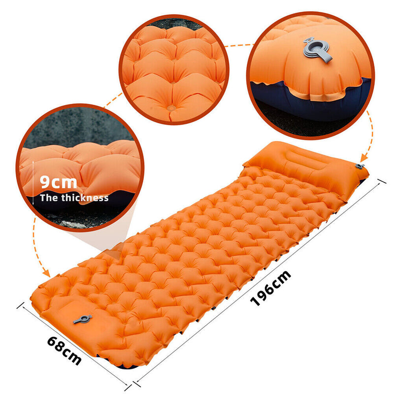 Outdoor Sleeping Pad Built-in Foot Air Pump Inflatable Mattress (Orange)