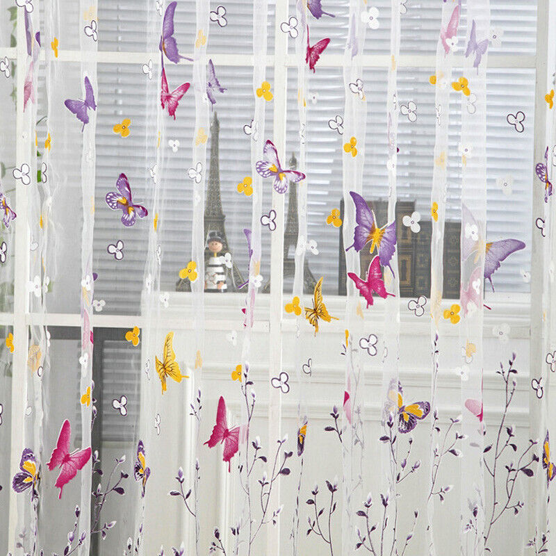 Butterfly Floral Tulle Voile Window Curtain Drape Panel (Rose 100X200cm