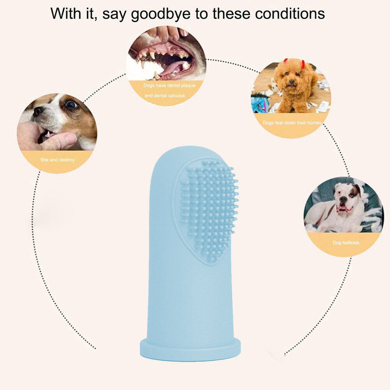 Silicone Dog Cat Finger Toothbrush Bad Breath Care Teeth Cleaning (Blue) Newly