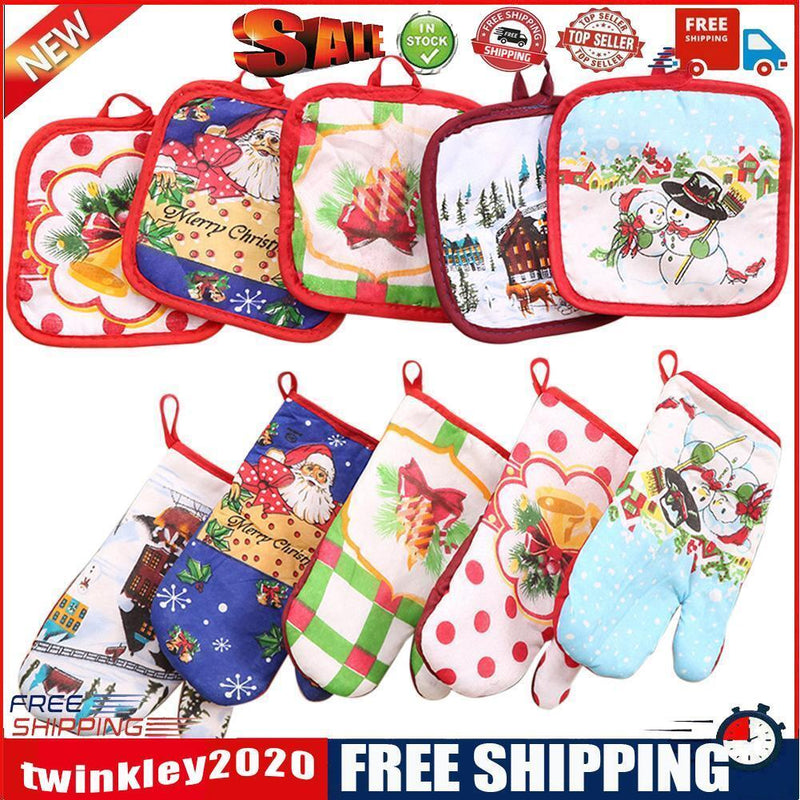 2pcs/set Christmas Home Decoration Glove+Microwave Oven Heat Insulation Pad