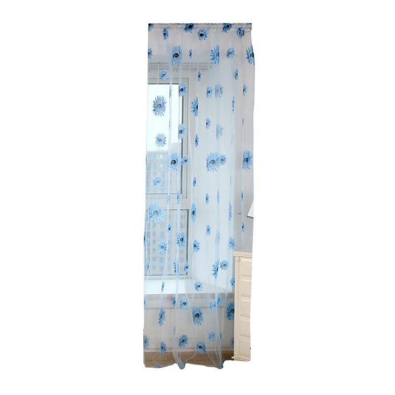Sunflower Print Window Door Curtain Tulle Curtains for Living Room (Blue)