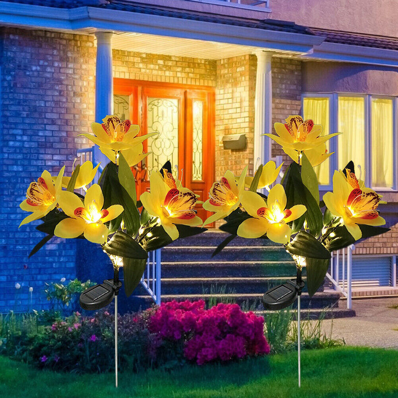 2x LED Solar Garden Orchid Light Waterproof Landscape Fence Decor (Yellow) Newly