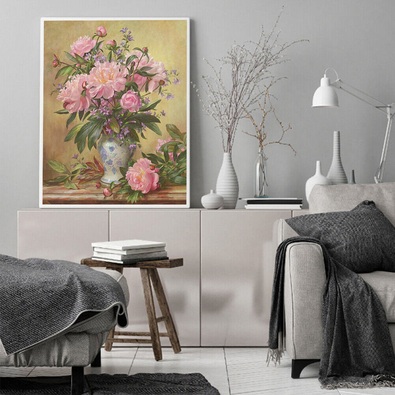 Oil Paint By Numbers Pink Peony Frameless Picture Craft Kits for Living Room
