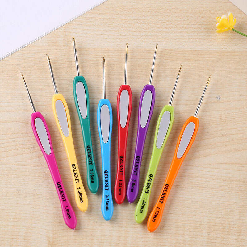 8pcs Soft Plastic Handle Knitting Needles Aluminum Crochet Hooks 1-2.75mm  Newly