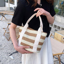 Fashion Straw Striped Women Handbags Woven Beach Tote Shopper Purse (Khaki)
