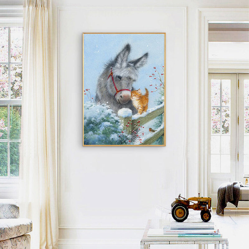 Donkey and Kitten Snow Oil Paint By Numbers Kits Canvas Wall DIY Picture
