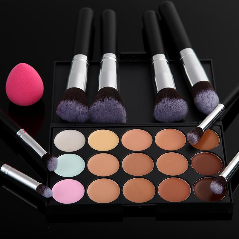 15 Colors Makeup Concealer Palette + 8PC Powder Brush + Sponge Foundation