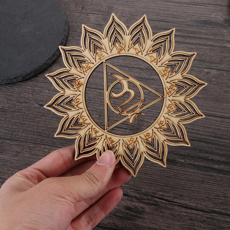 Wooden Wall Sign Flower Of Life Energy Mat Slice Wood Base Meditation Energy
