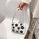 Women Chain Underarm Shoulder Bag Canvas Flower Print Handbags Tote (Black)