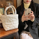 Women Quilted Cotton Padded Top-handle Bag Flower Pattern Satchel (White)