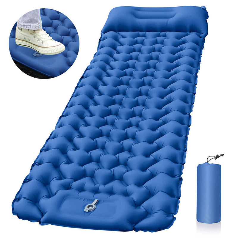Outdoor Sleeping Pad Built-in Foot Air Pump Camp Inflatable Mattress (Blue)