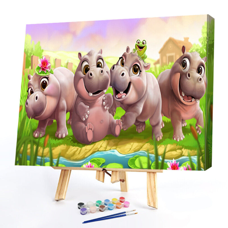 Cute Hippo Oil Paint By Number Kits Canvas Picture DIY Wall Home Decoration Gift