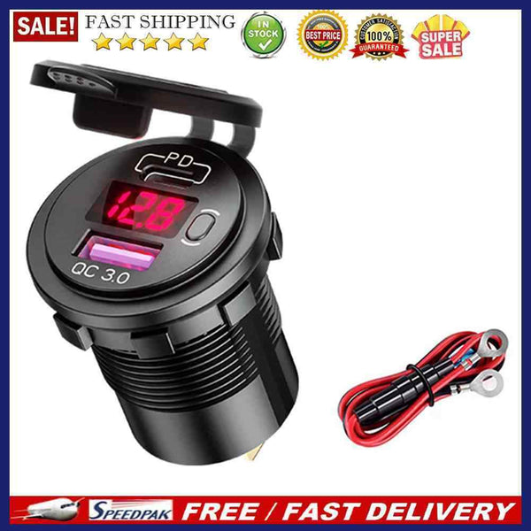 Dual USB Car Phone Charger QC3.0 PD Power Adapter with LED Voltmeter+Power Cable