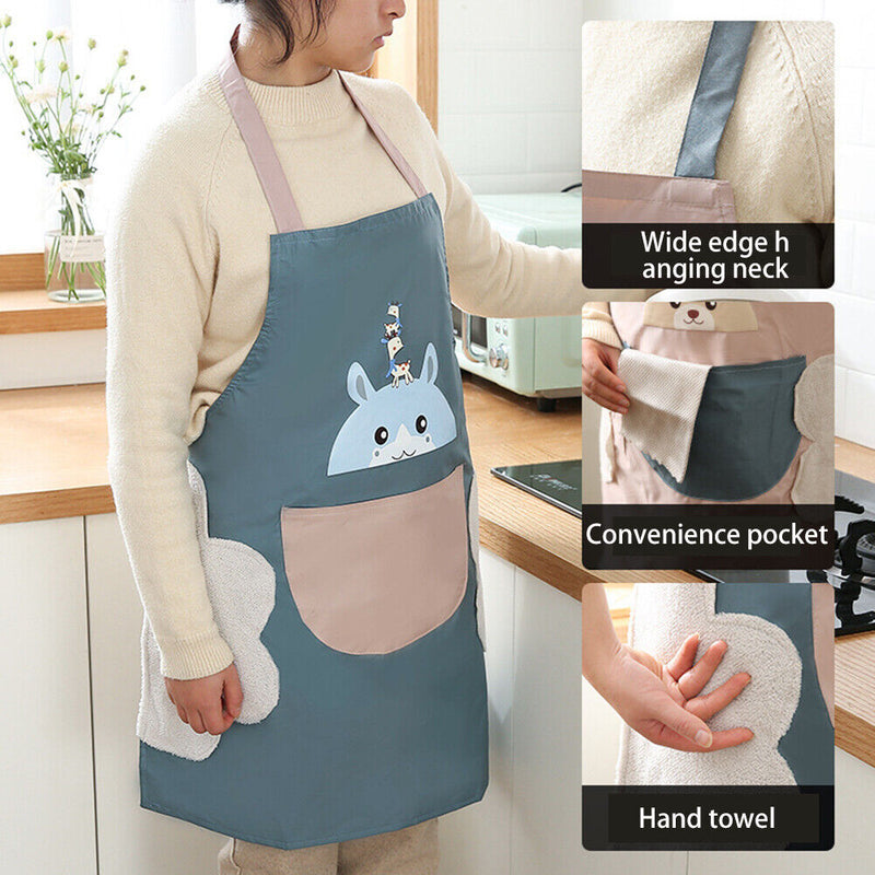 Printed Kitchen Apron Cute Women Non-woven Home Waterproof Pinafore (Blue) Newly