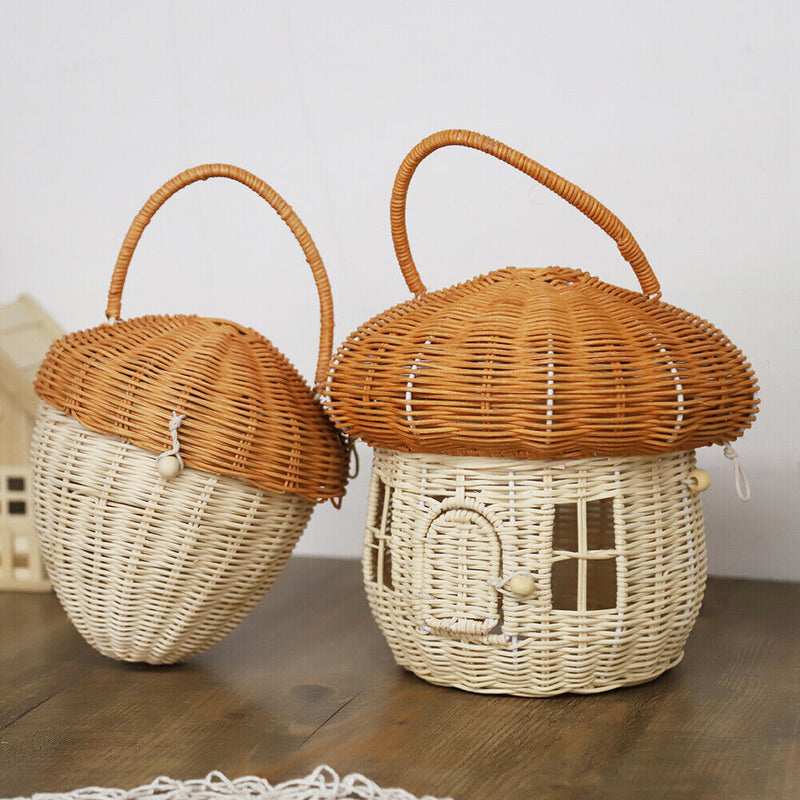 Handmade Rattan Mushroom Basketball Handbag Woven Kids Organizer Desktop Decorations