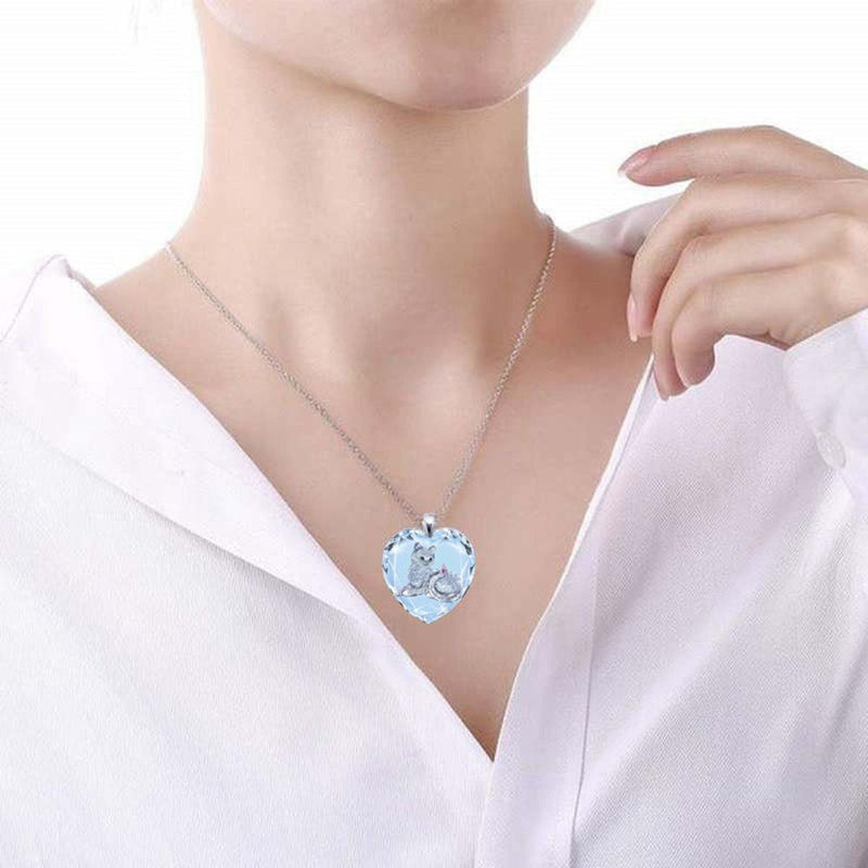White Crystal Cat Pattern Pendant Women's Necklace Heart Shaped Jewelry