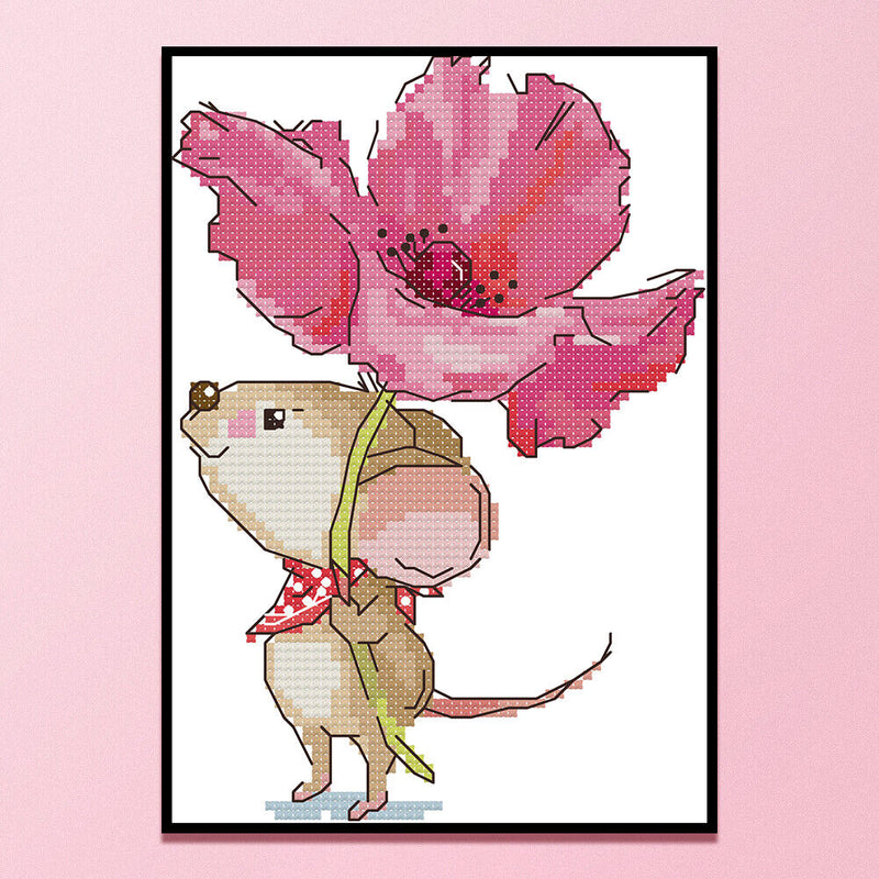 2 Strands Mouse with Flowers Partial Embroidery Stamped Cross Stitch Home Decor