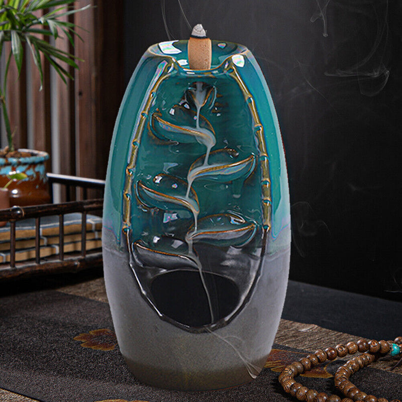 Incense Holder Ceramic Backflow Waterfall Incense Burner with 50 Cones (A) Newly