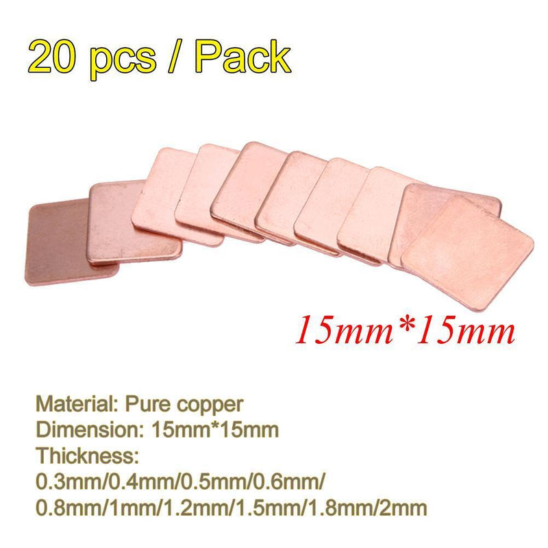 20pcs/Lot 15*15mm 1.2mm 1.5mm 1.8mm 2mm DIY Copper Shim Thermal Pad Cooler