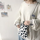 Women Plush Crossbody Bag Cow Print Casual Shoulder Drawstring Mini Handbags