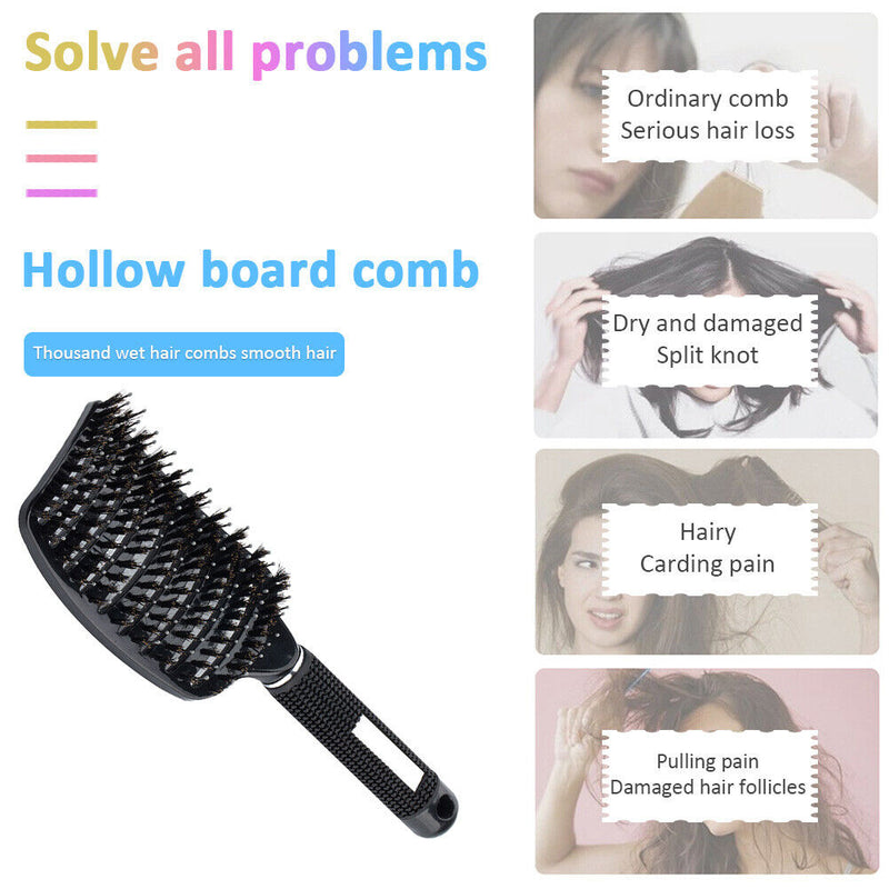 Portable Curved Ribs Scalp Massage Comb Fluffy Brush (B Black)