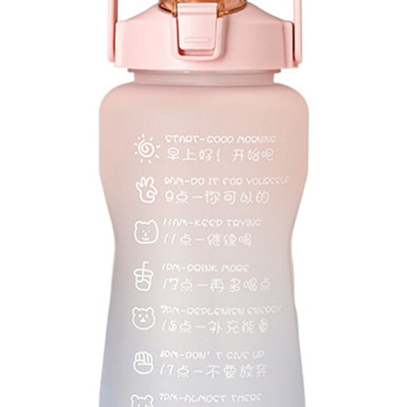 2000ml Water Bottle Sports Leakproof Time Marker Drinking Cup (Blue Pink) Newly