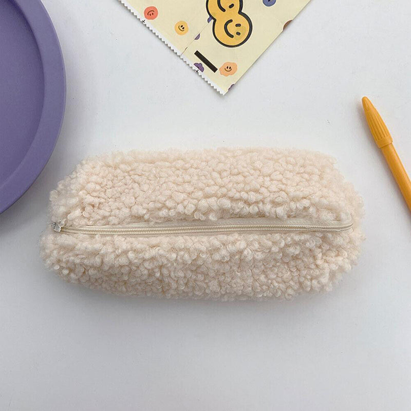 Stationery Storage Plush Pen Case Student School Cosmetic Organizer (White)