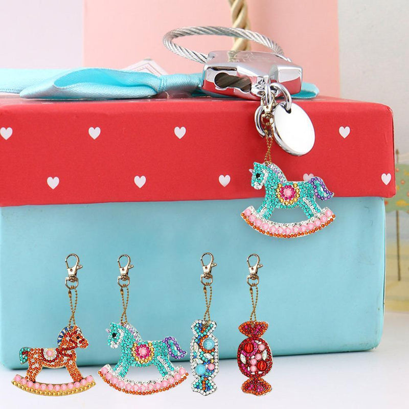 4pcs DIY Full Drill Special Shaped Diamond Painting Horse Candy Keychains Newly