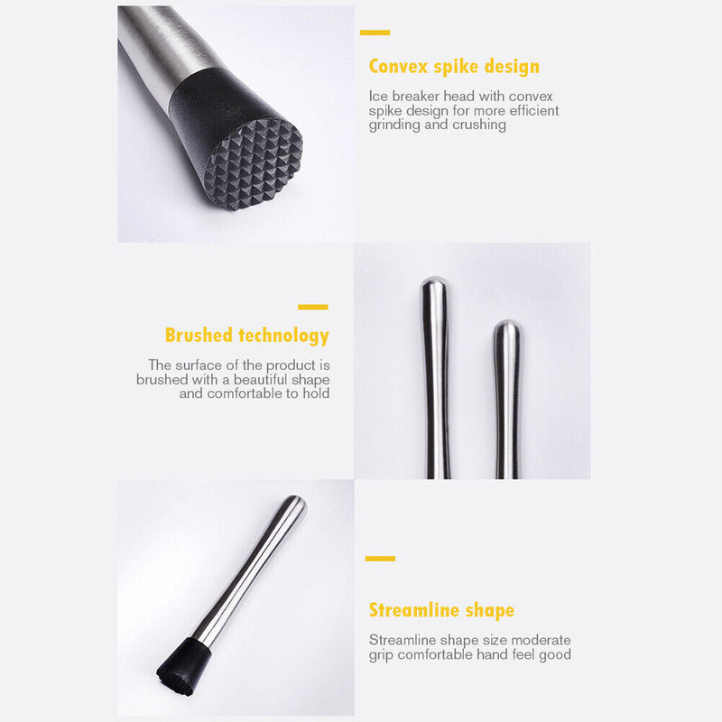 Stainless Steel Cocktail Muddler Wine Mixing Stick Ice Crusher Bar Tool (L)