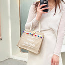 Fashion Linen Tote Handbag Women Pompom Shoulder Shopping Lunch Bag (White)