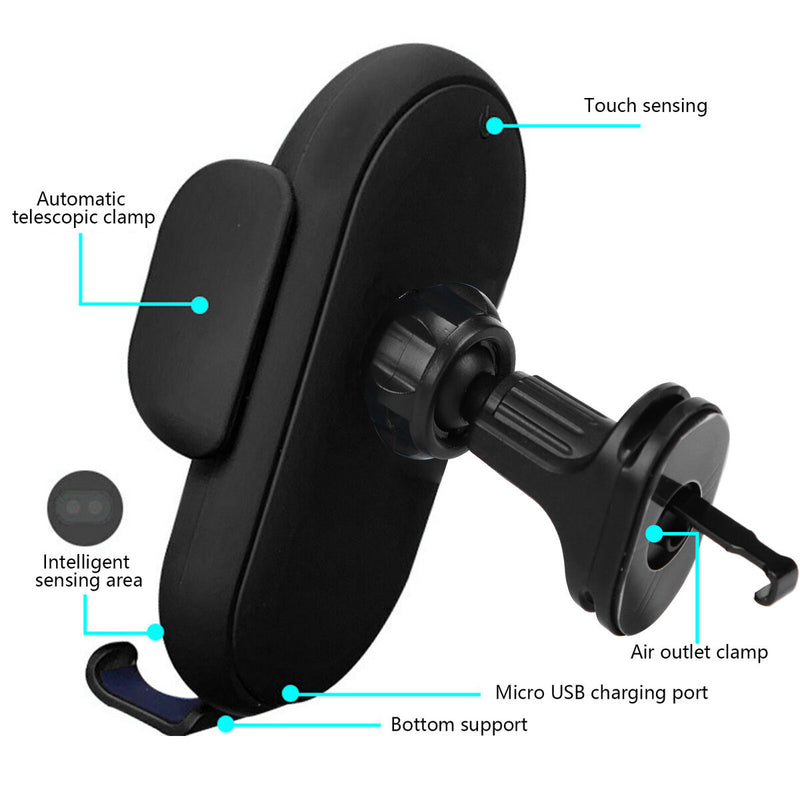 Wireless Car Charger Auto Clamping Air Vent Phone Holder (Black Regular) Newly