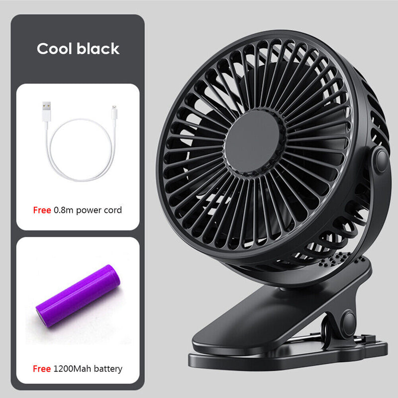 USB Mini Clip Fan Portable Travel Desk Cooling Ventilador (Black 1200mAh)