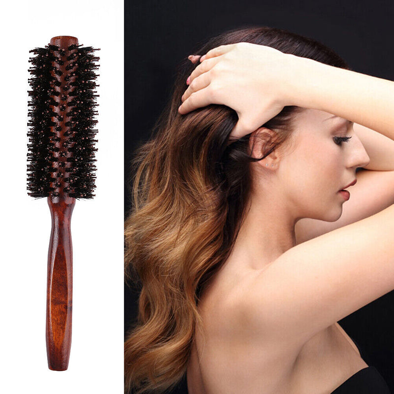 Wooden Handle Curling Hair Comb Boar Bristle Round Hairbrush Hairdressing T