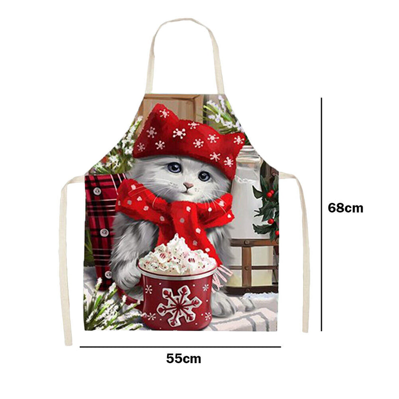 Portable Baking Painting Cooking Art Bib Apron Christmas Cat Printed Linen Ap