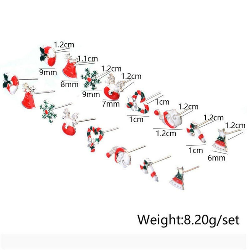 Women 8Pcs/Set Santa Gift Deer Stud Earrings Xams Snowflake Christmas Tree