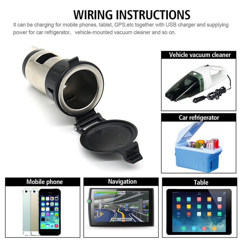 Waterproof Metal Cigarette Lighter Socket 12V Power Outlet for Car Marine ATV RV