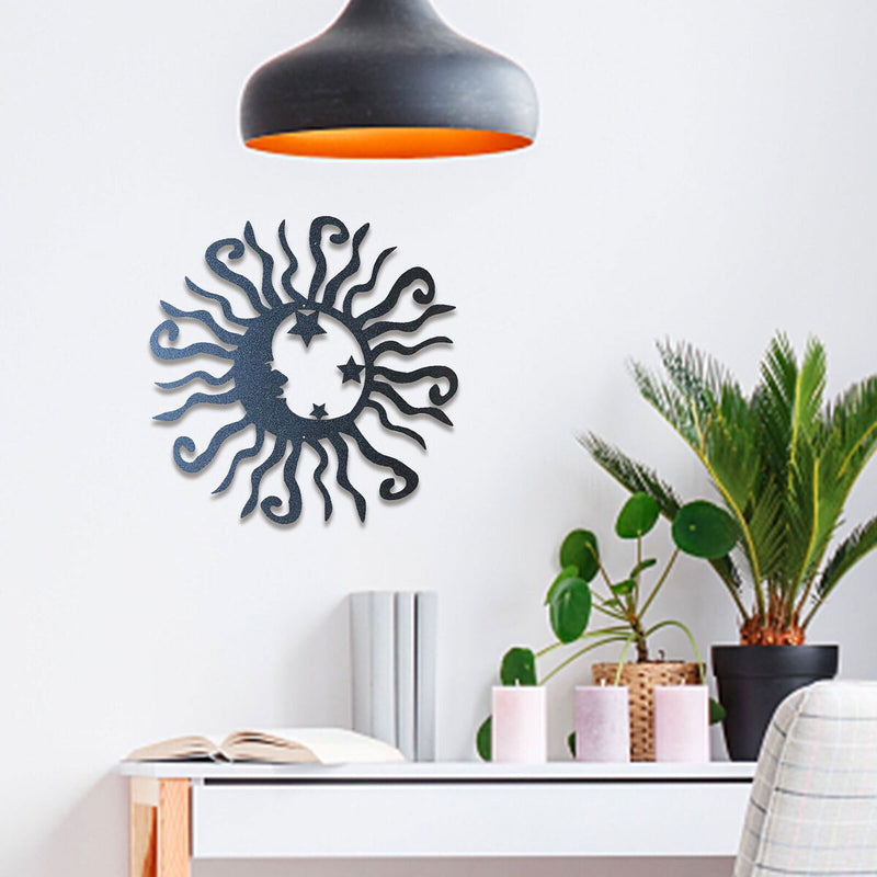 Wall Art Sun Moon Stars Decor Metal Sculpture for Indoor Outdoor (Black) Newly