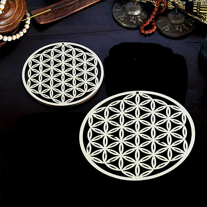 Wooden Wall Sign Flower of Life Shape Flower Of Life Energy Mat Slice Wood Base