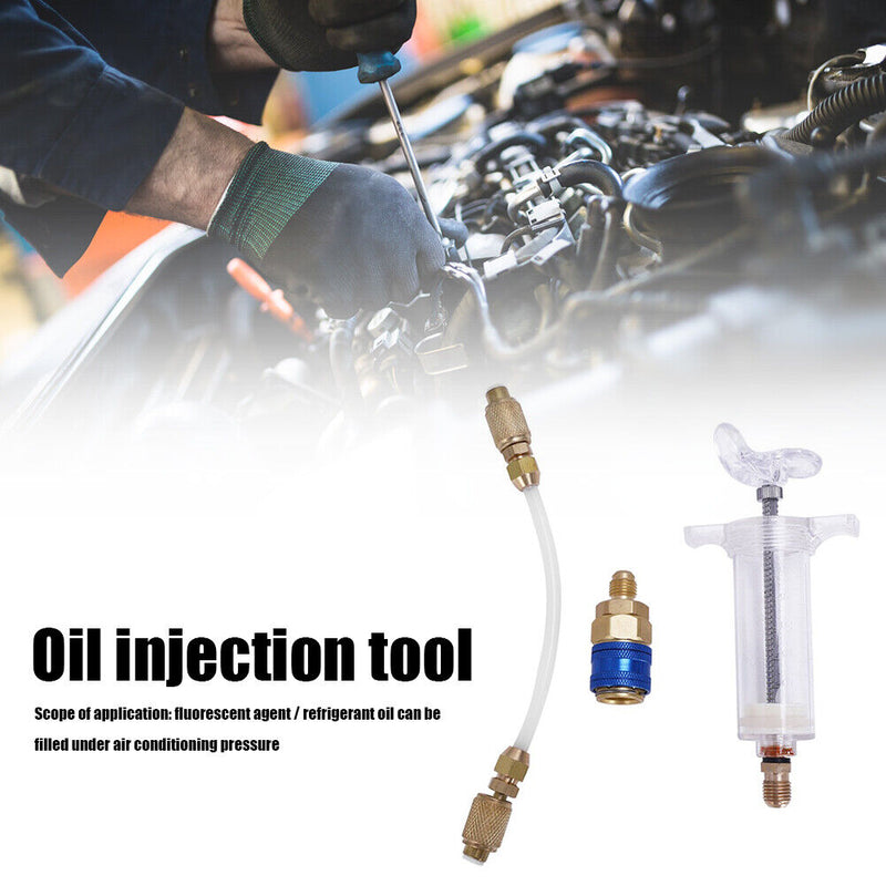 A/C Oil Dye Injector 30ml with Low Side Quick Coupler Clear Hose 1/4 SAE Newly