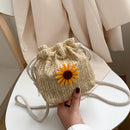 Sunflower Drawstring Bag Women Straw Woven Beach Crossbody Shoulder Handbags