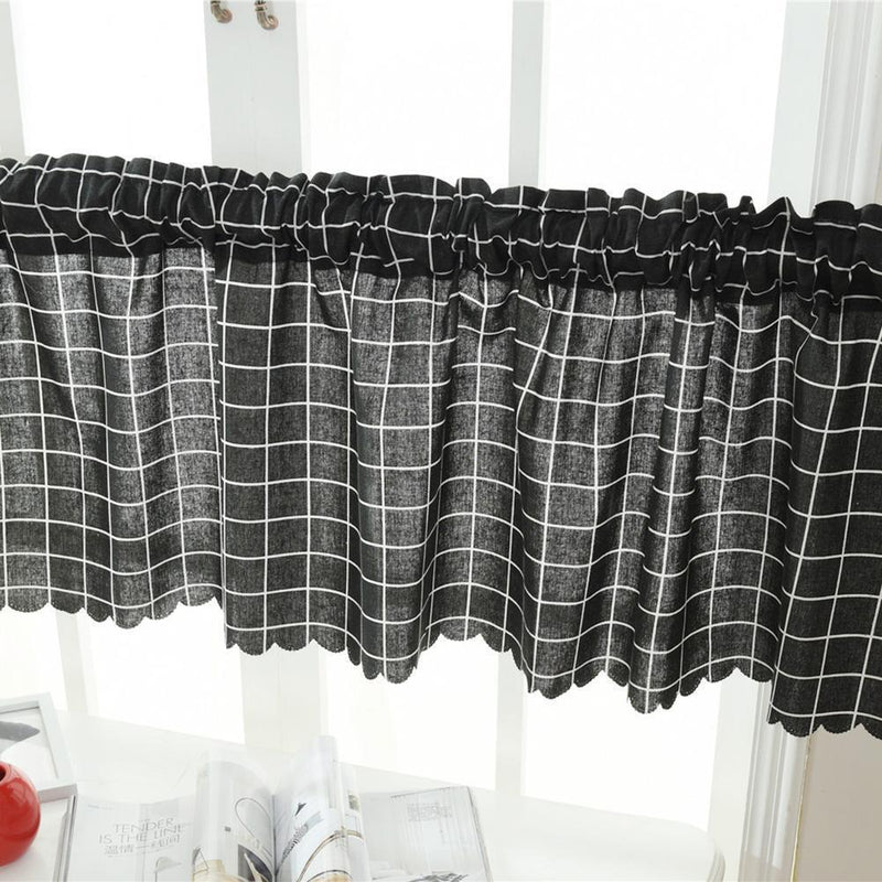 Roman Blackout Windows Half-Curtains Kitchen Short Valance (Black Plaid)