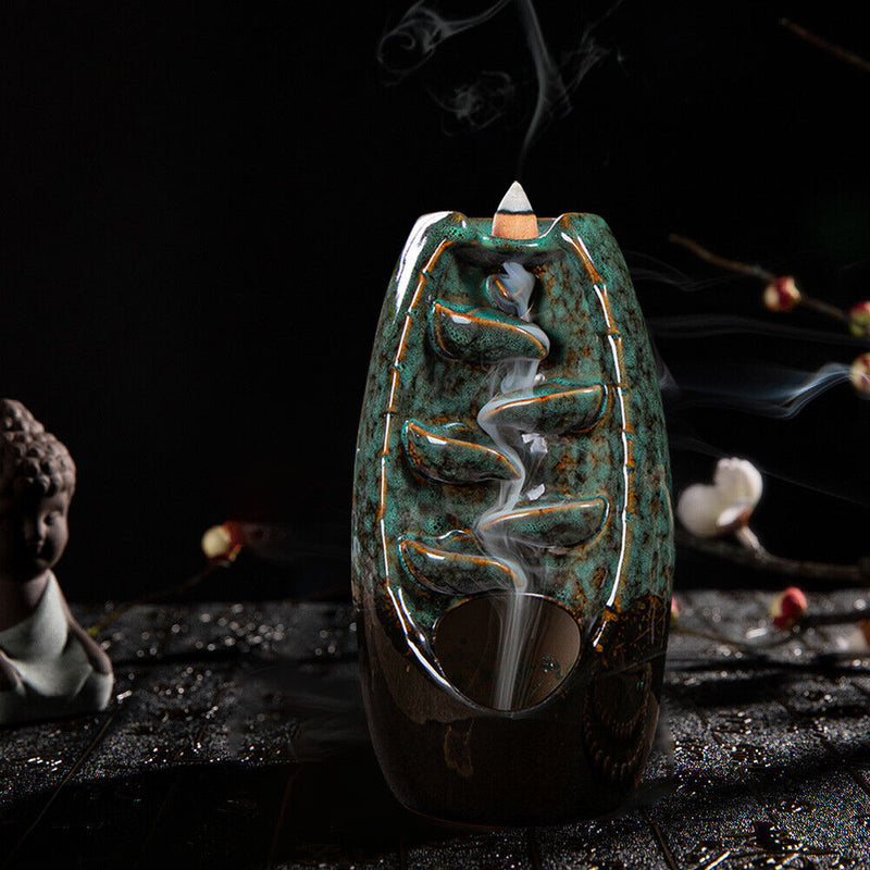 Incense Holder Ceramic Backflow Waterfall Incense Burner with 50 Cones (D) Newly