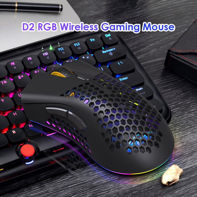 D2 2.4GHz RGB Wireless Gaming Mouse Rechargeable Hollow PC Mice (Black)